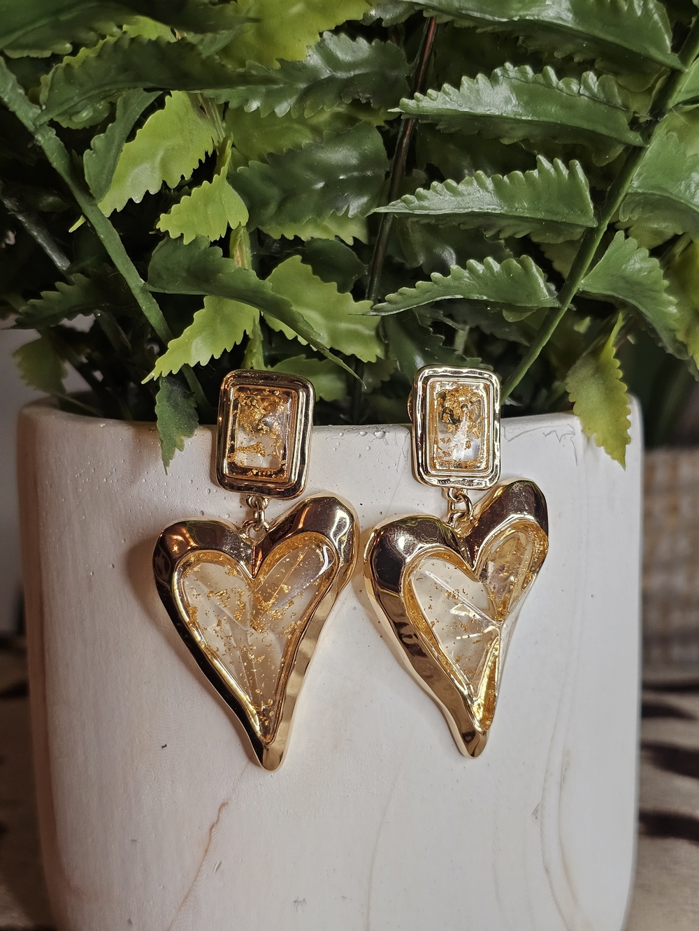 Robert Lee Morris Gold Heart Drop Earrings with Flake Resin Inlay